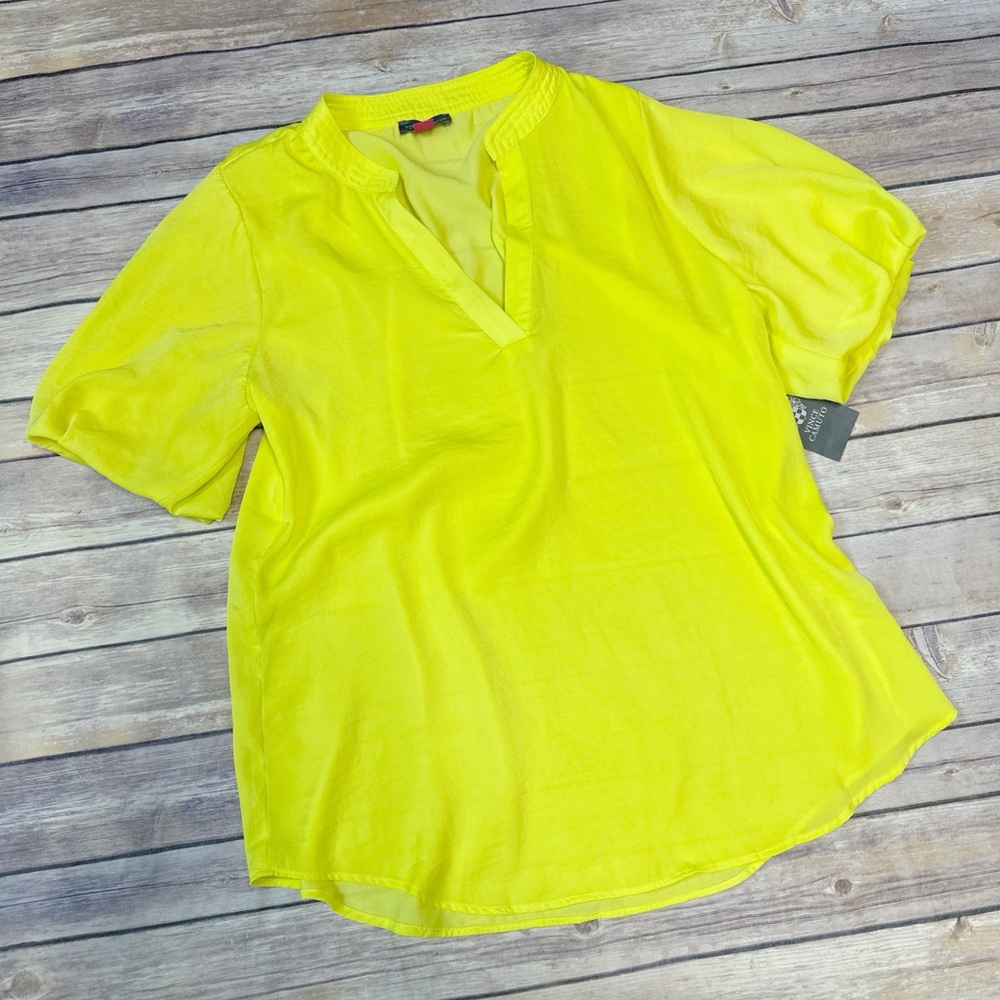 Vince Camuto Women's Hammered Satin Puff Sleeve Top Bright Lemon Size S